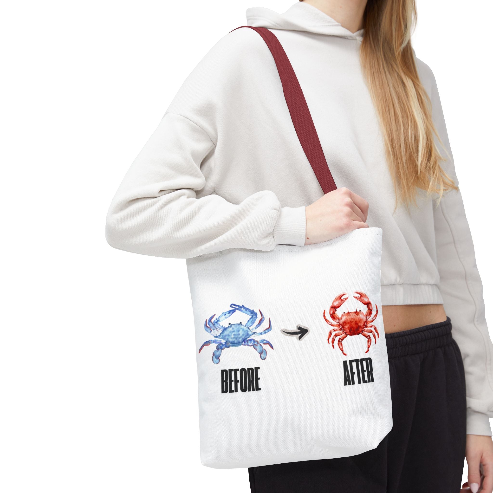Before After Crab Illustration Tote Bag | Marine Humor, Beach Theme