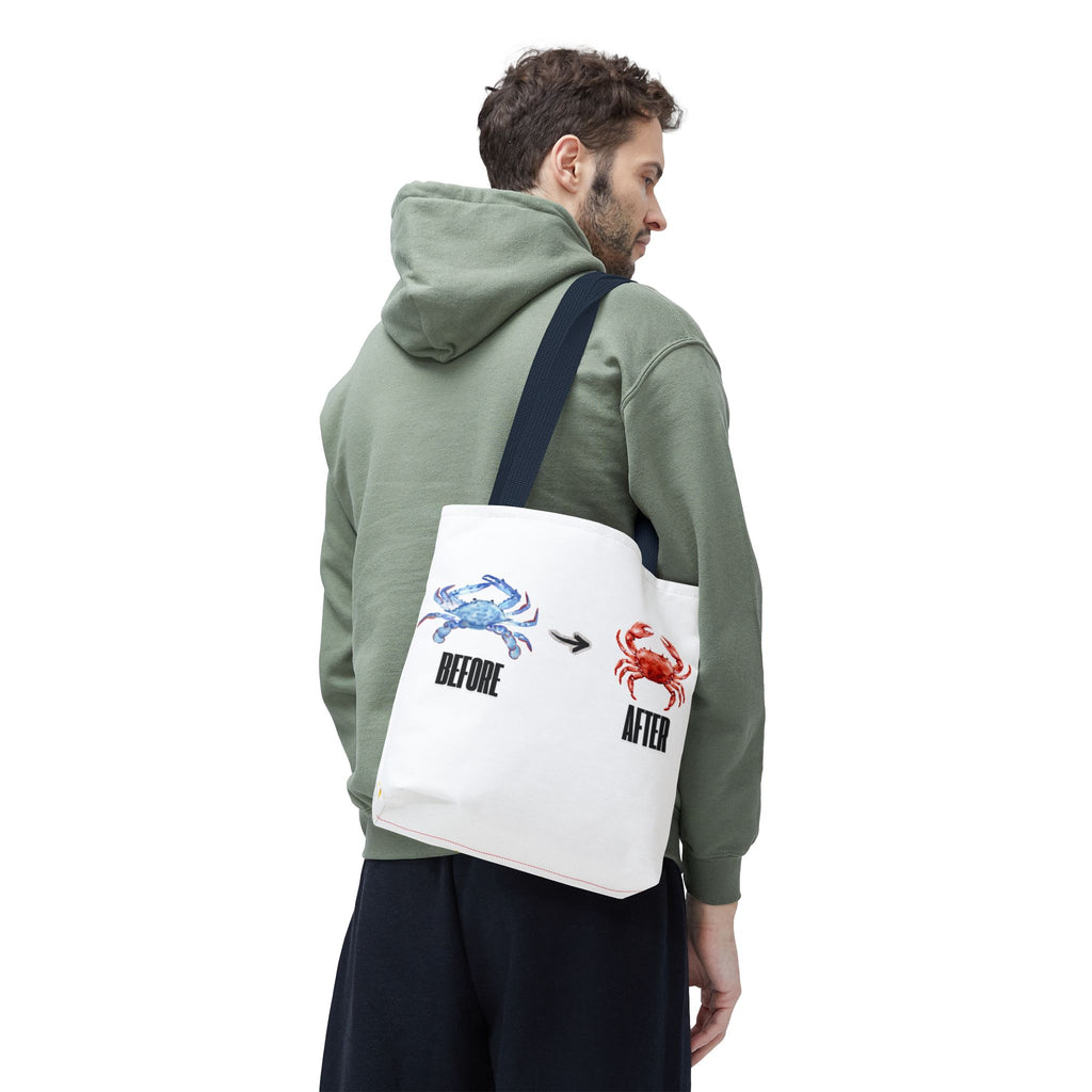 Before After Crab Illustration Tote Bag | Marine Humor, Beach Theme