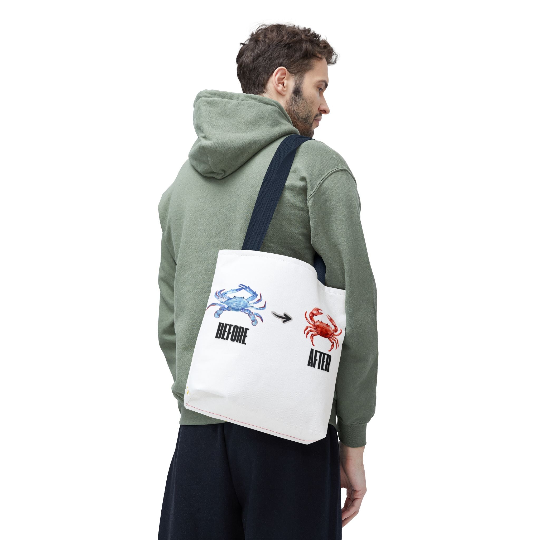 Before After Crab Illustration Tote Bag | Marine Humor, Beach Theme