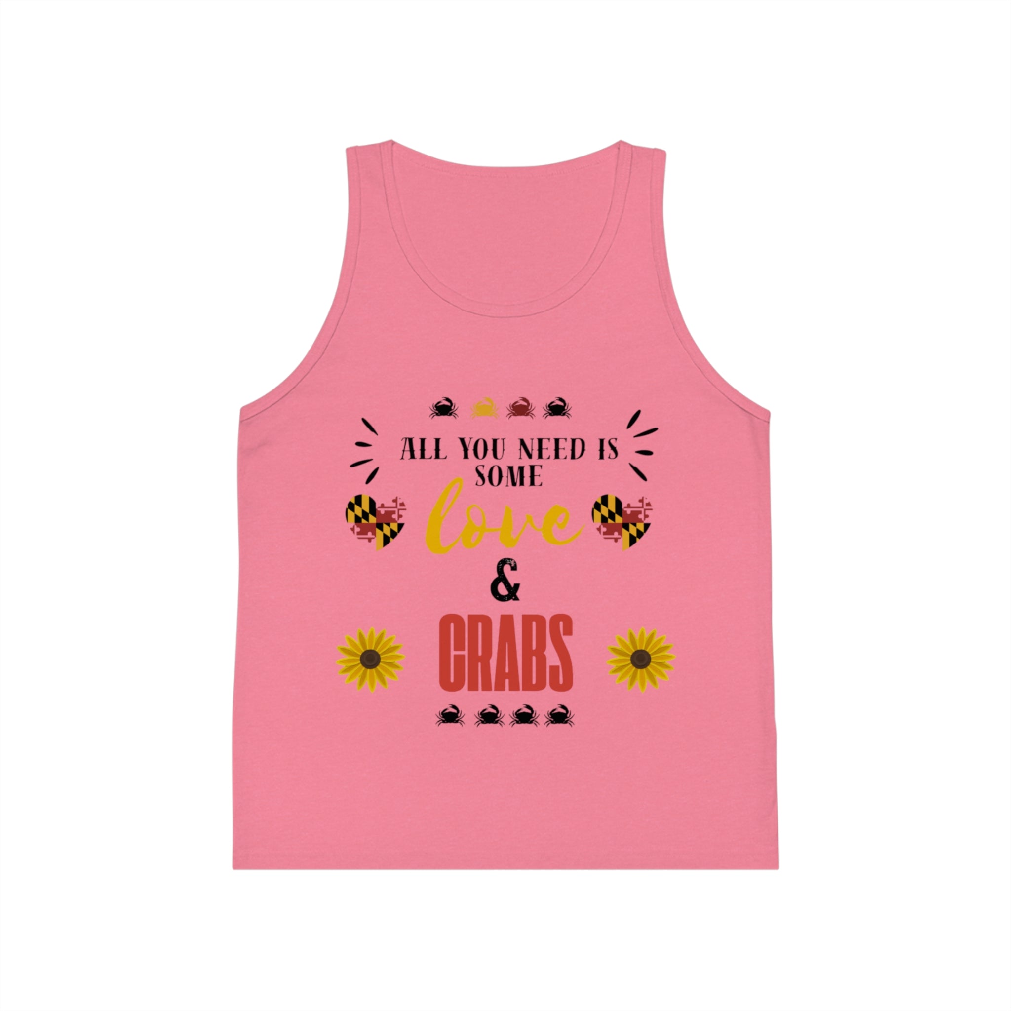 All You Need Is Some Love & Crabs Kids Tank Top | Crab, Sunflower, Maryland Flag Accents