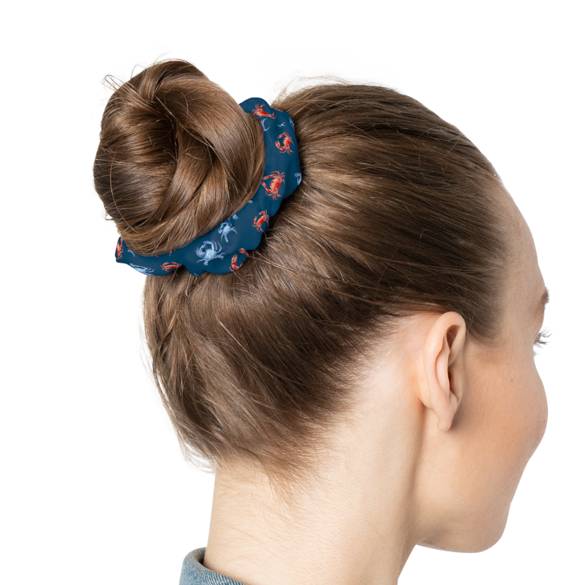 Crab Print Scrunchie — Red & Blue Coastal Hair Accessory