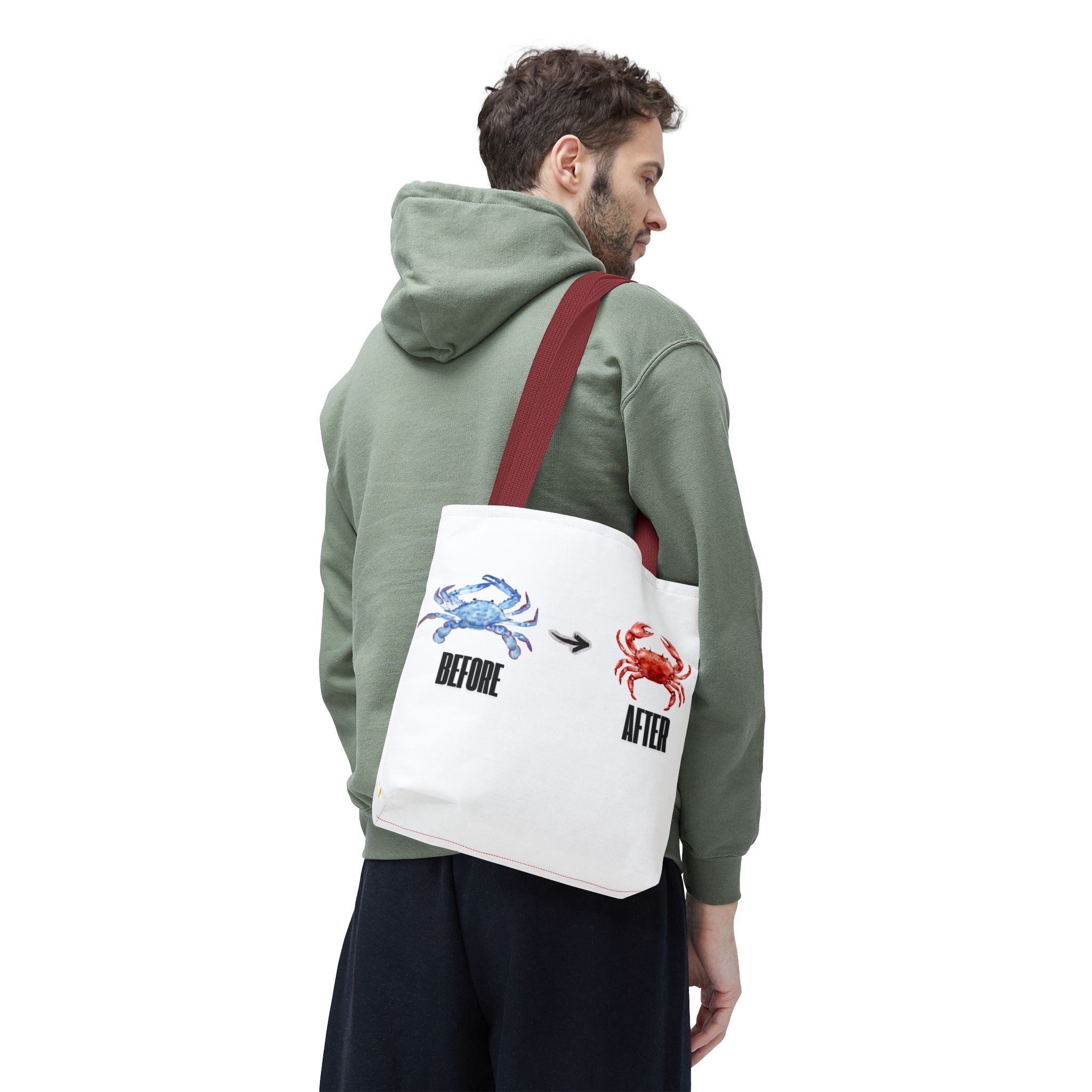 Before After Crab Illustration Tote Bag | Marine Humor, Beach Theme