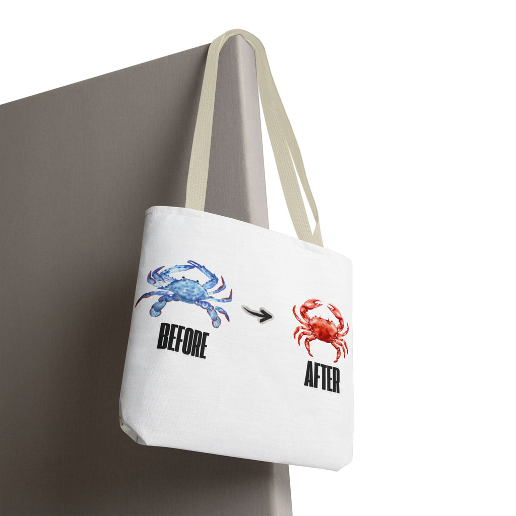 Before After Crab Illustration Tote Bag | Marine Humor, Beach Theme