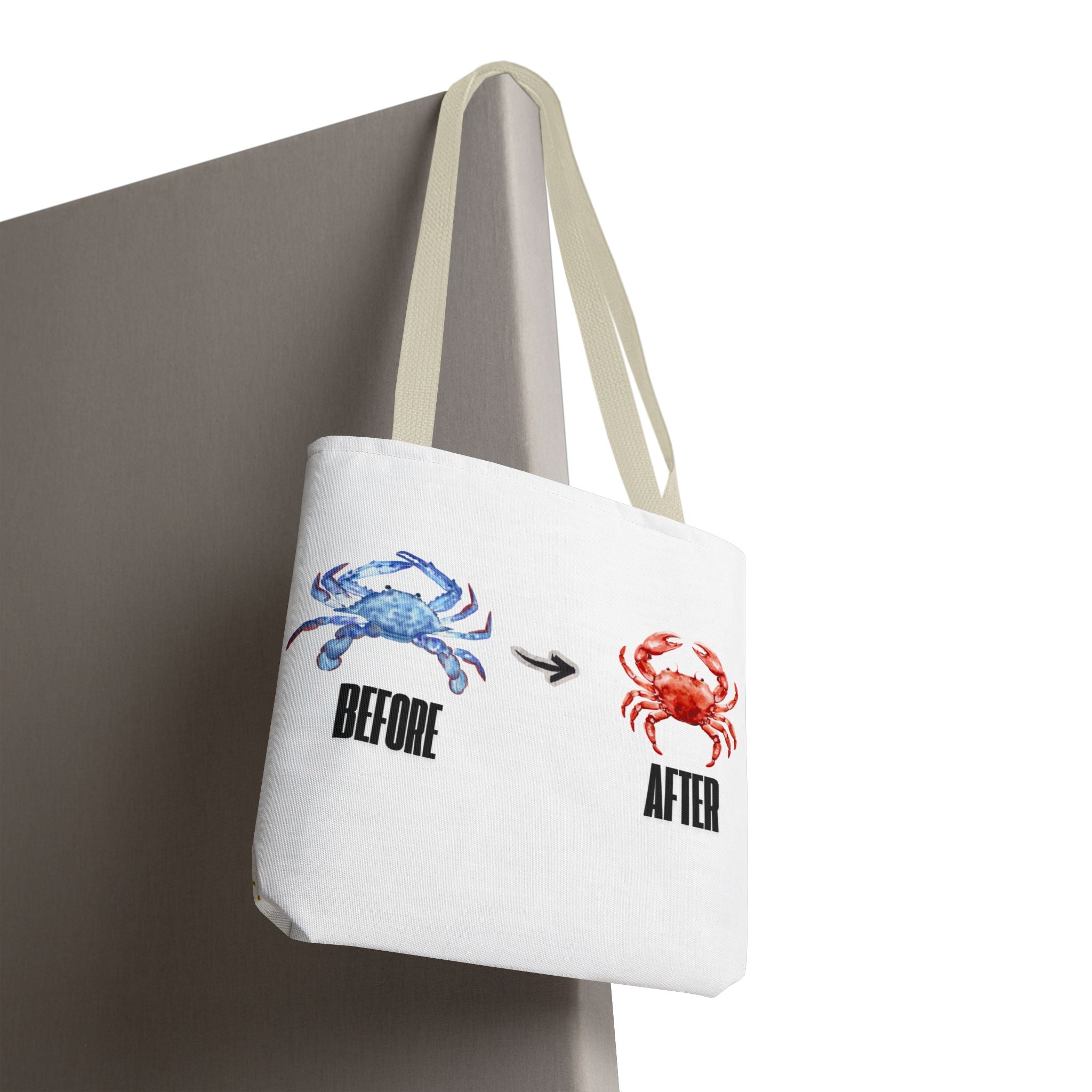Before After Crab Illustration Tote Bag | Marine Humor, Beach Theme