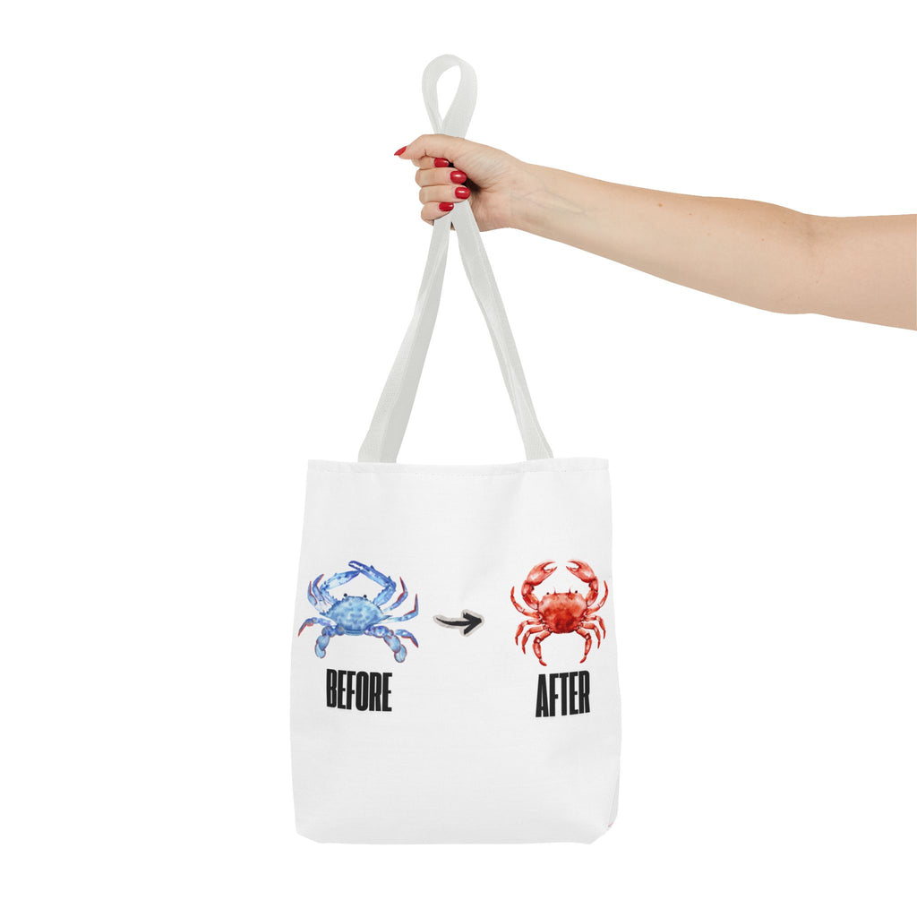 Before After Crab Illustration Tote Bag | Marine Humor, Beach Theme