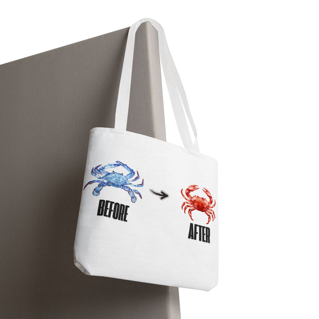 Before After Crab Illustration Tote Bag | Marine Humor, Beach Theme