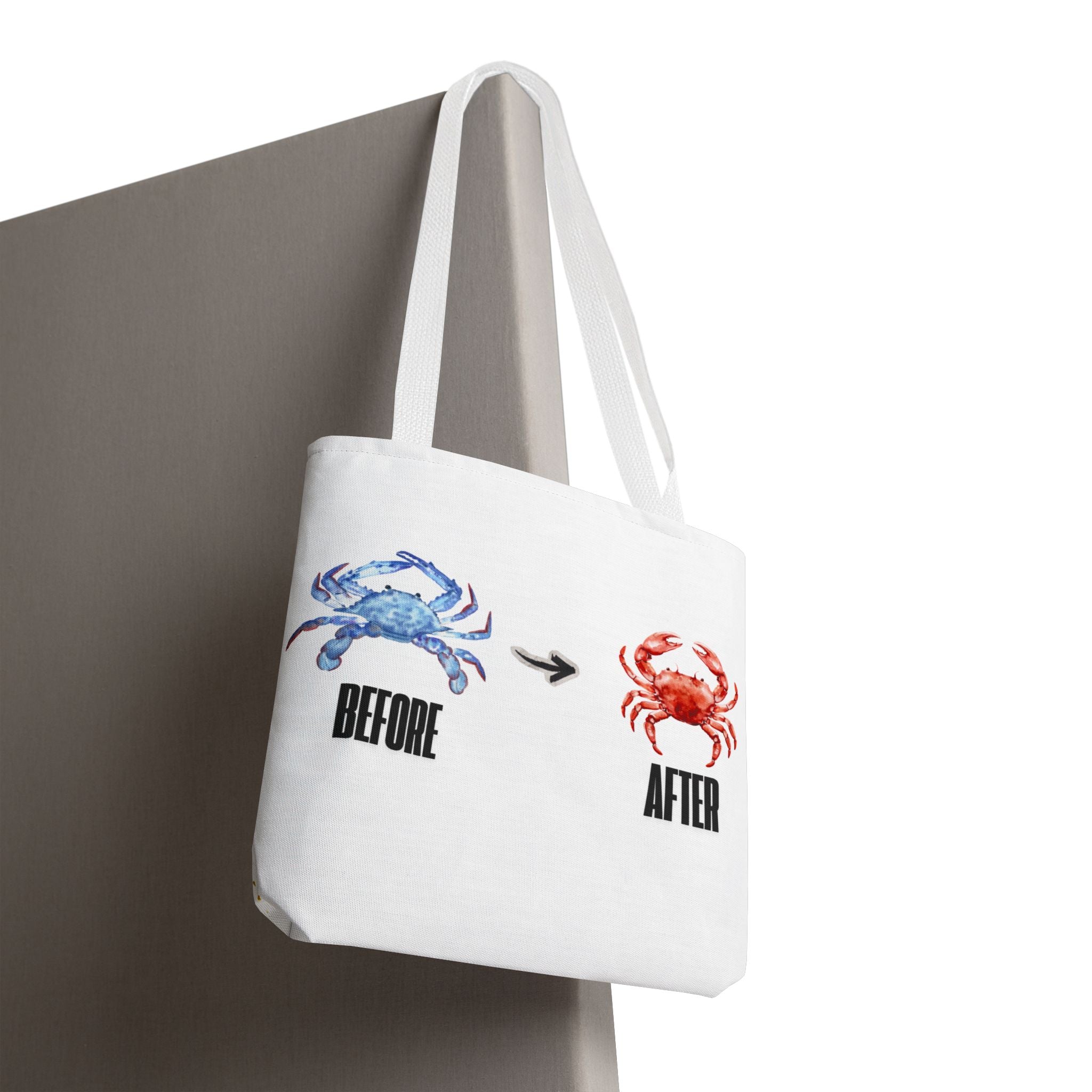 Before After Crab Illustration Tote Bag | Marine Humor, Beach Theme