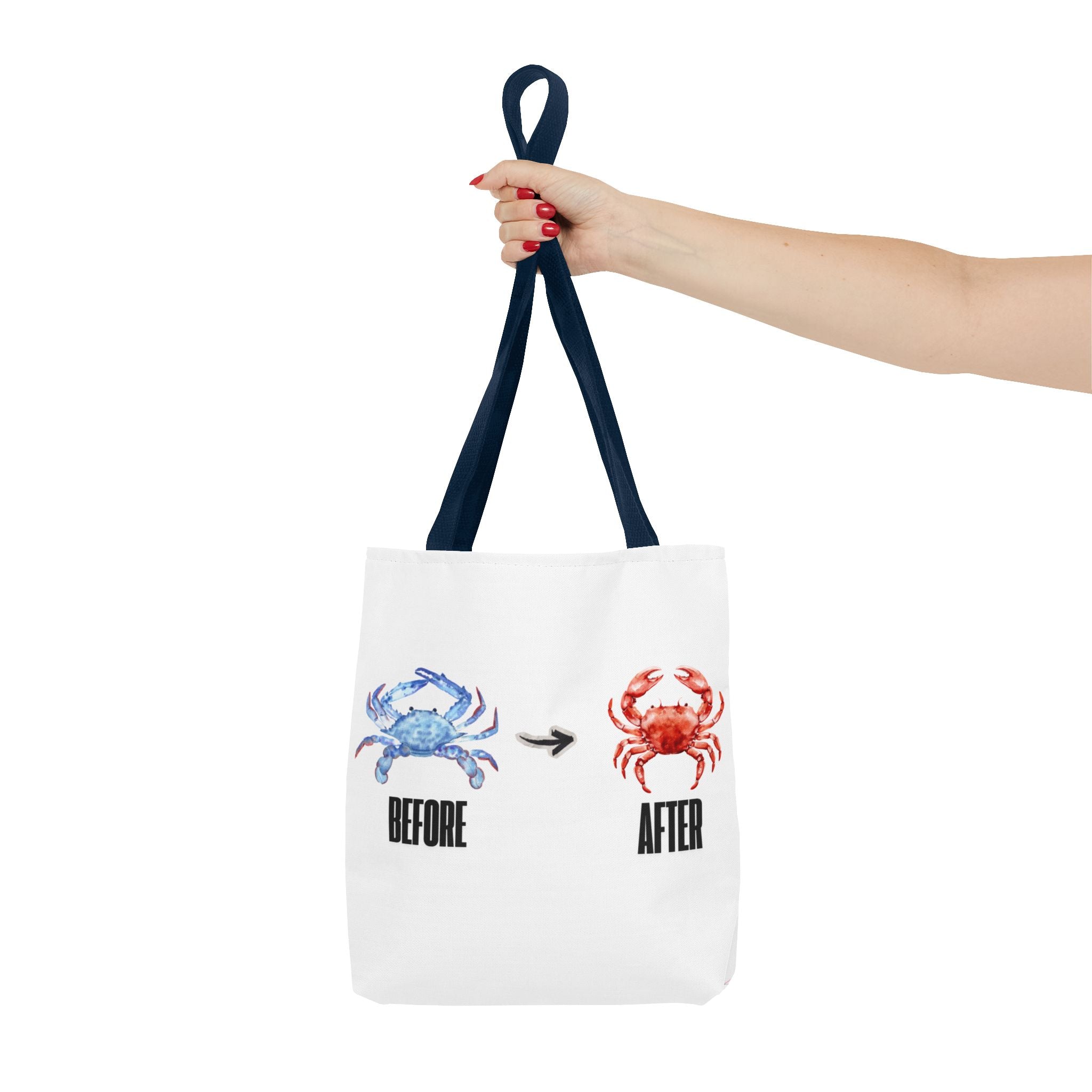 Before After Crab Illustration Tote Bag | Marine Humor, Beach Theme