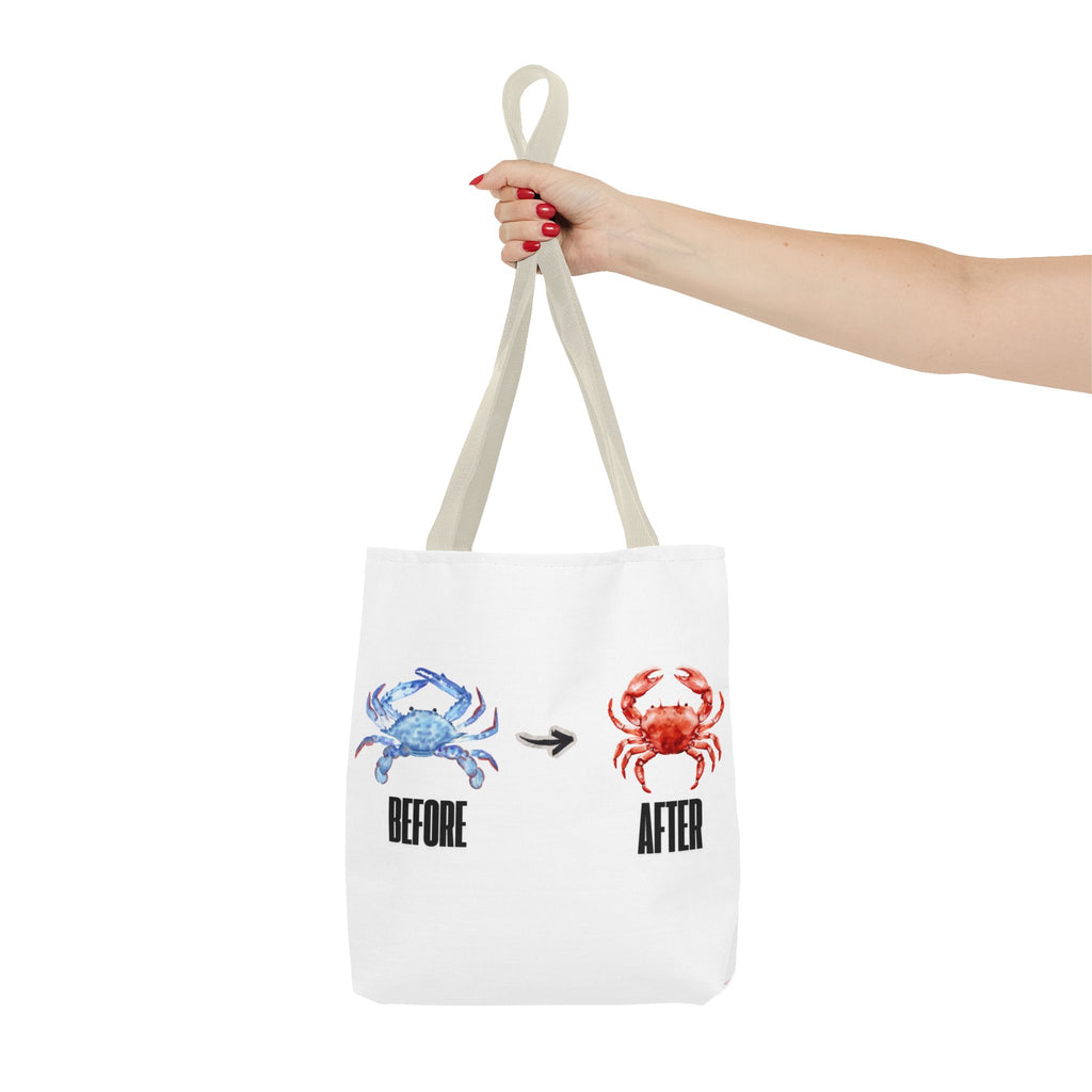 Before After Crab Illustration Tote Bag | Marine Humor, Beach Theme