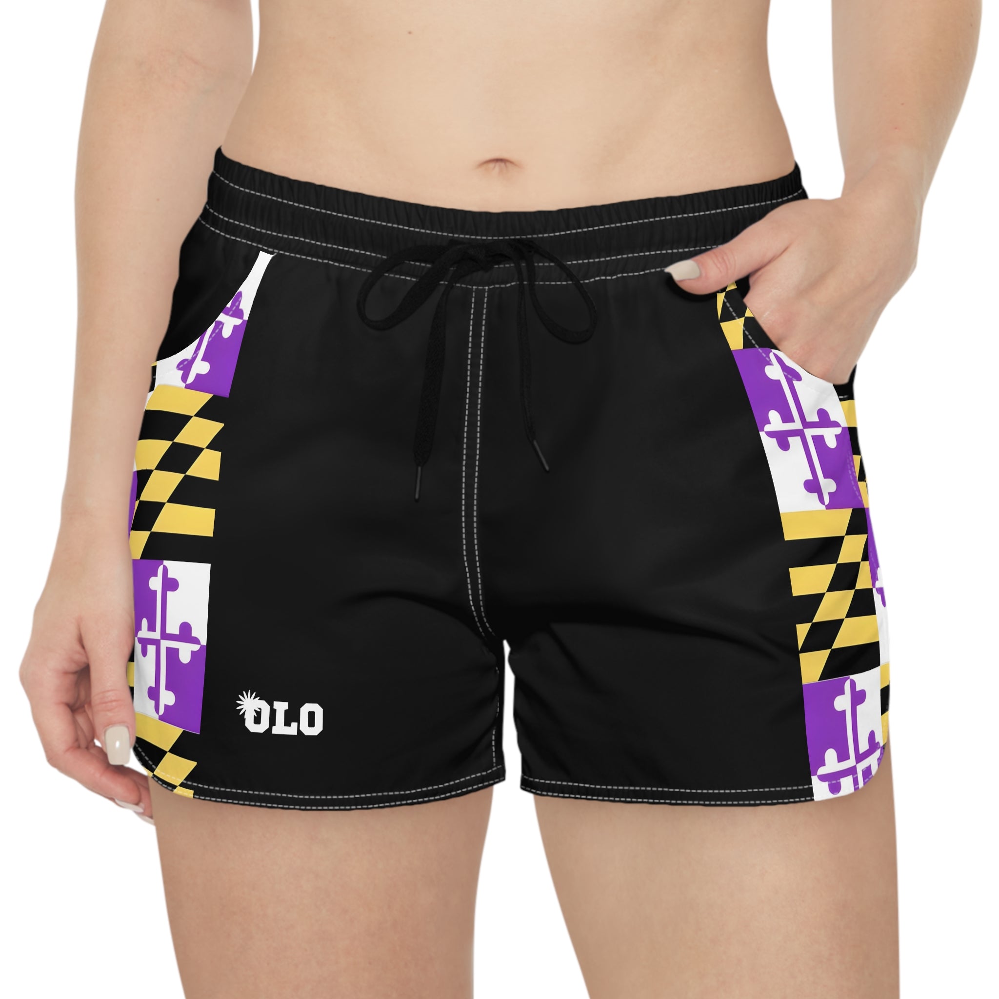 Maryland Flag Accent Women's Casual Shorts — Black Athletic Beach Shorts