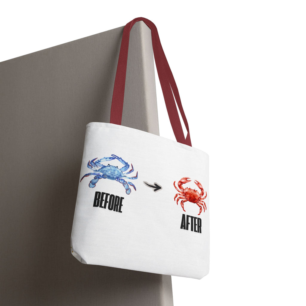Before After Crab Illustration Tote Bag | Marine Humor, Beach Theme