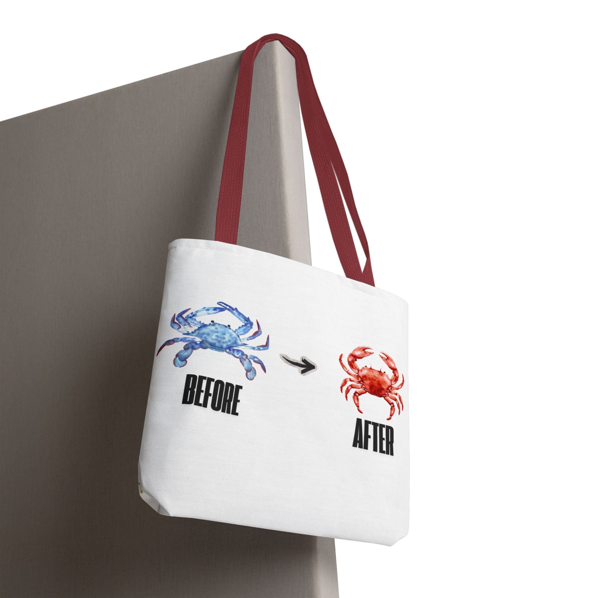 Before After Crab Illustration Tote Bag | Marine Humor, Beach Theme