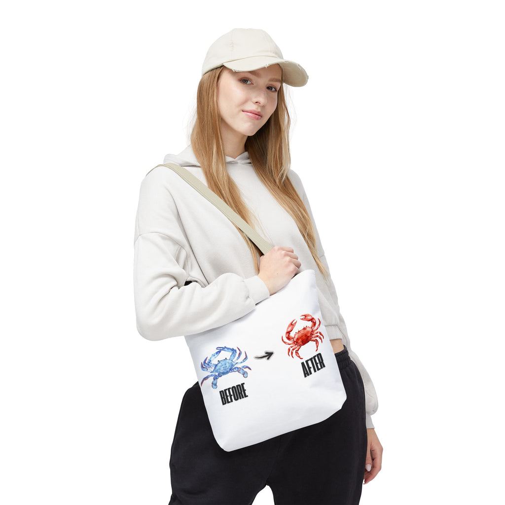 Before After Crab Illustration Tote Bag | Marine Humor, Beach Theme