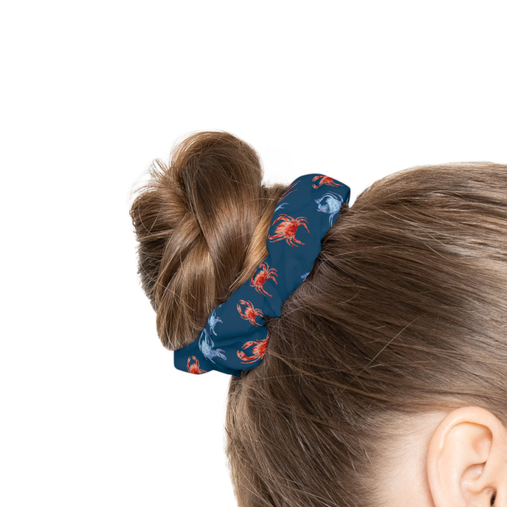 Crab Print Scrunchie — Red & Blue Coastal Hair Accessory
