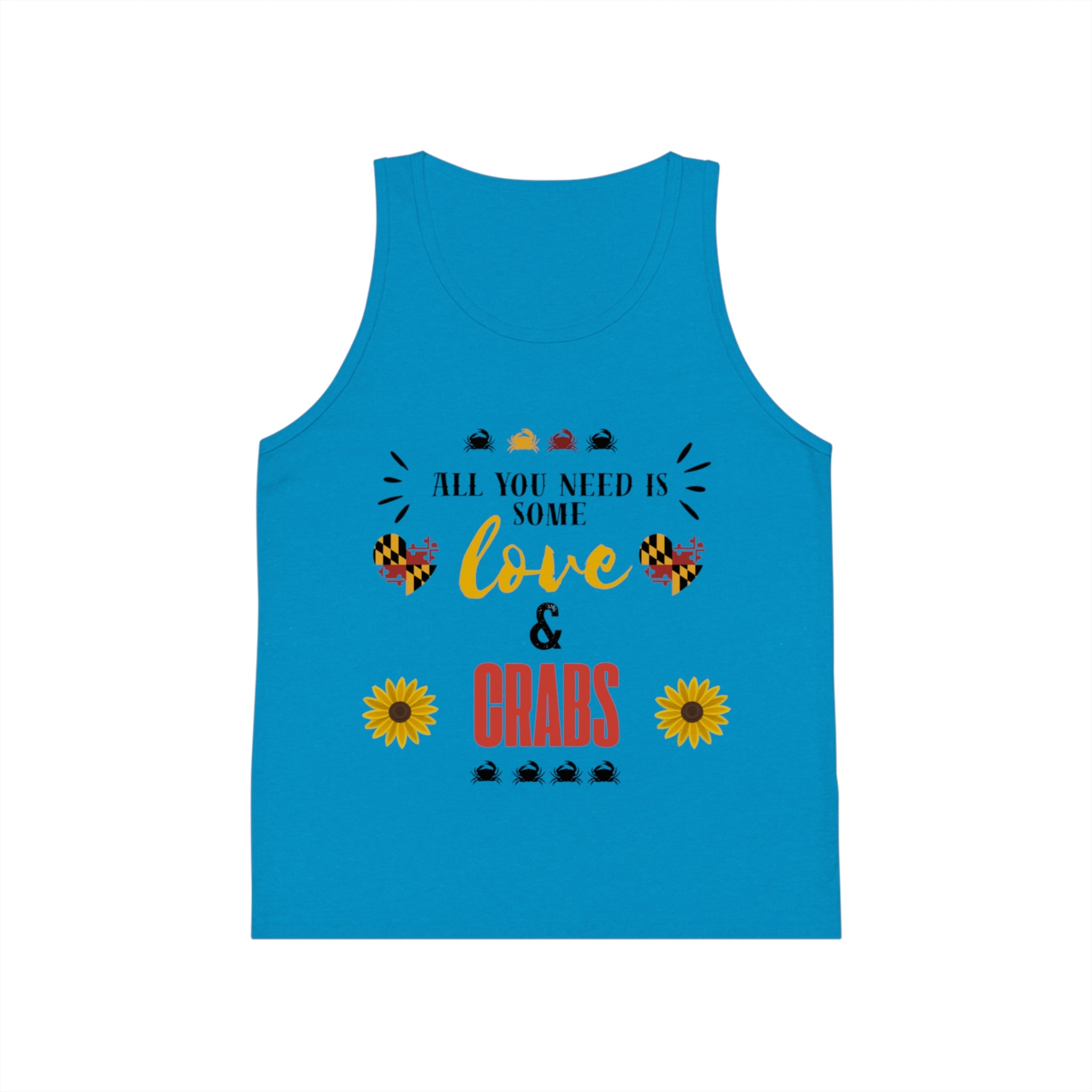 All You Need Is Some Love & Crabs Kids Tank Top | Crab, Sunflower, Maryland Flag Accents