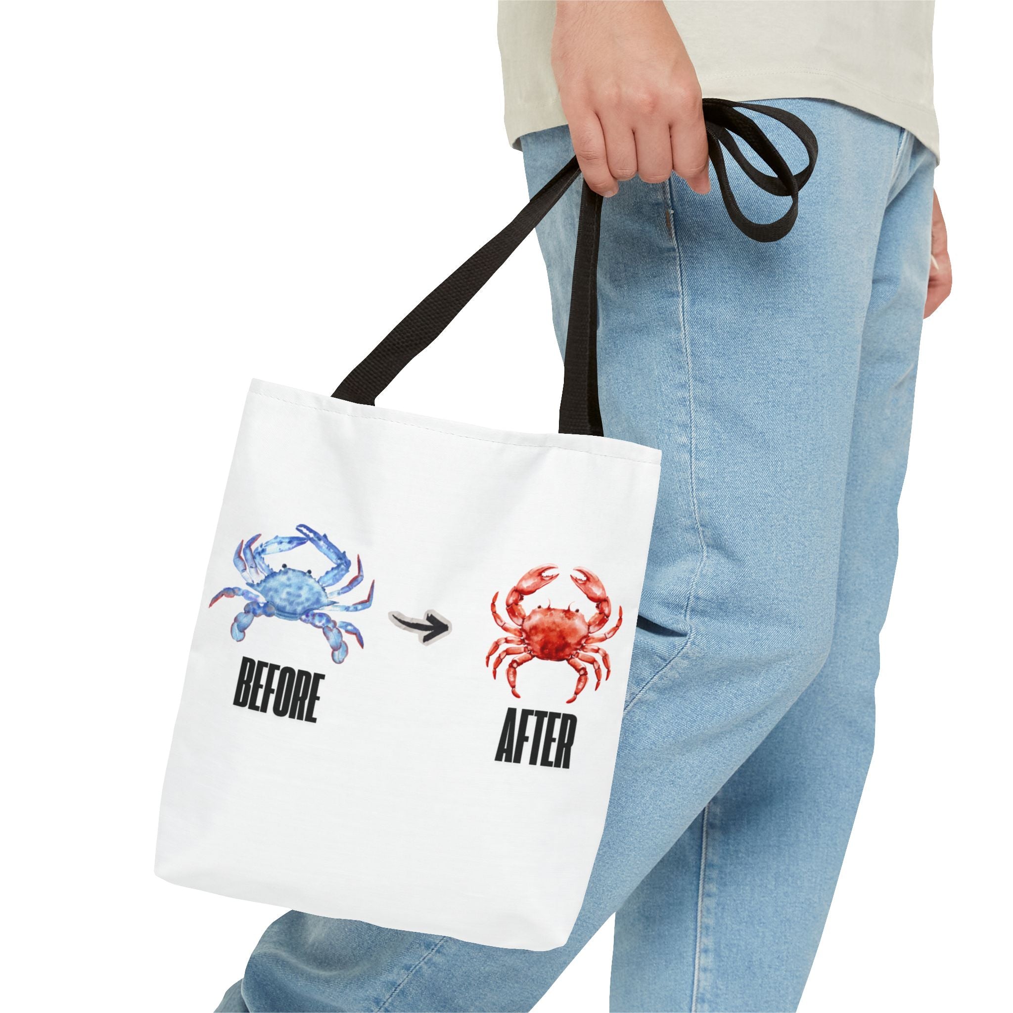 Before After Crab Illustration Tote Bag | Marine Humor, Beach Theme