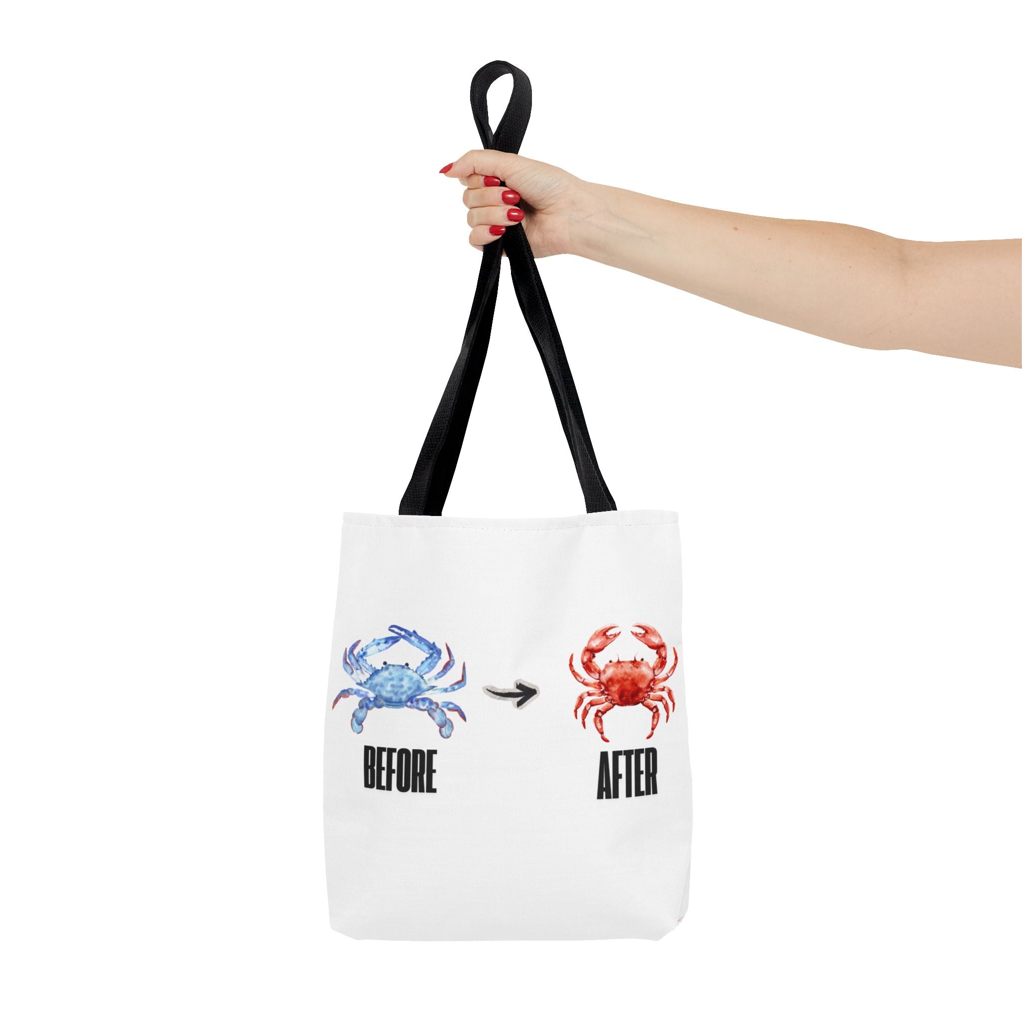 Before After Crab Illustration Tote Bag | Marine Humor, Beach Theme