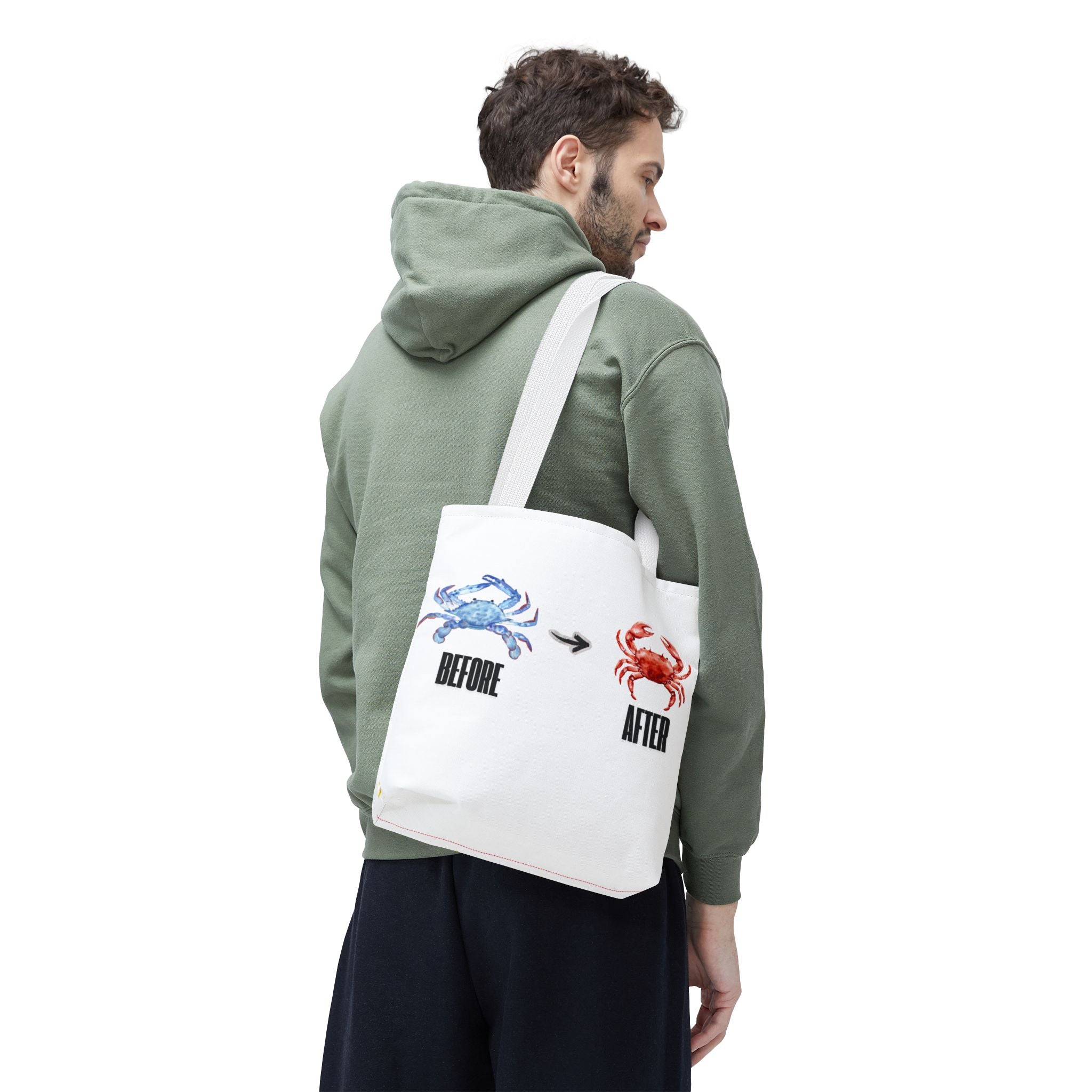 Before After Crab Illustration Tote Bag | Marine Humor, Beach Theme