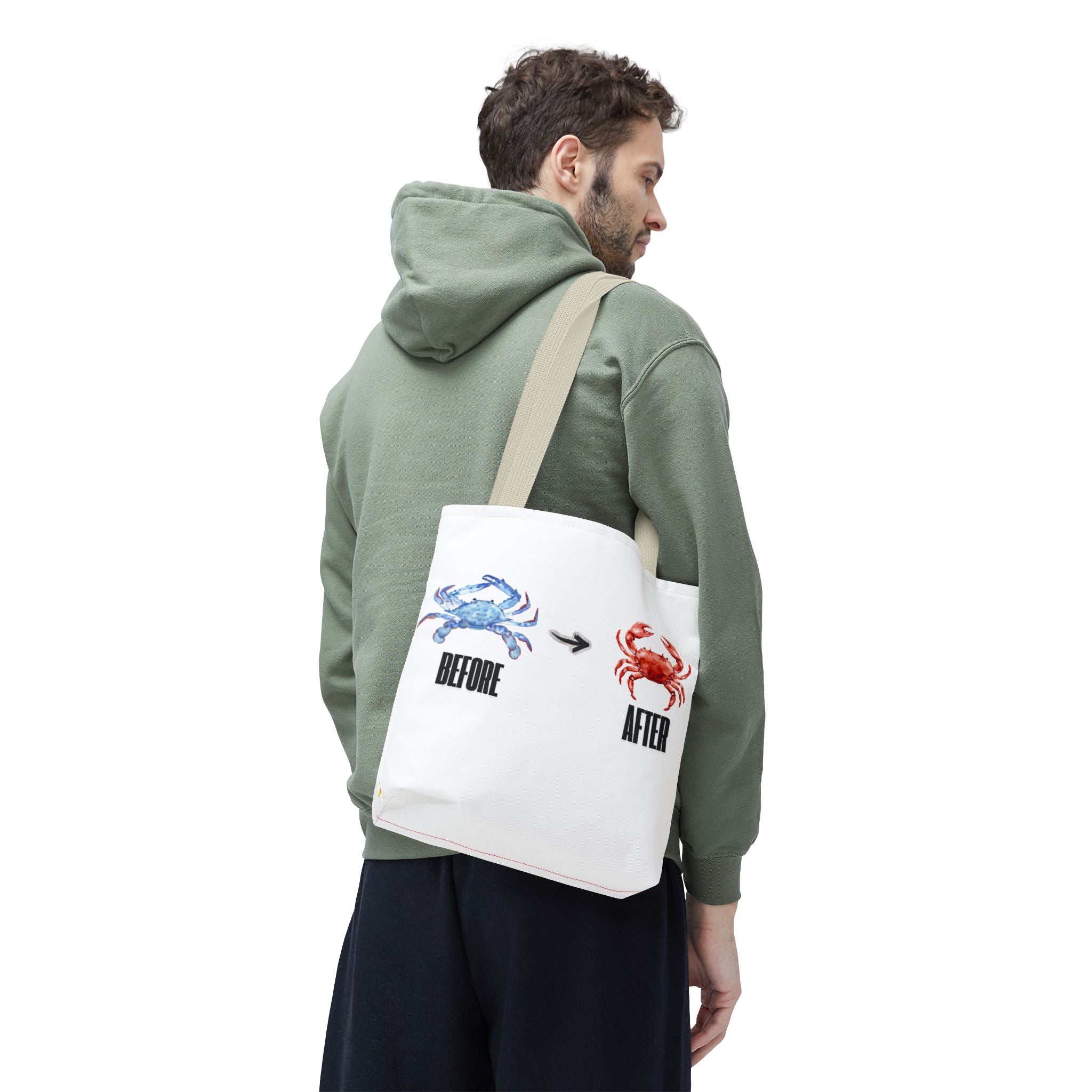 Before After Crab Illustration Tote Bag | Marine Humor, Beach Theme
