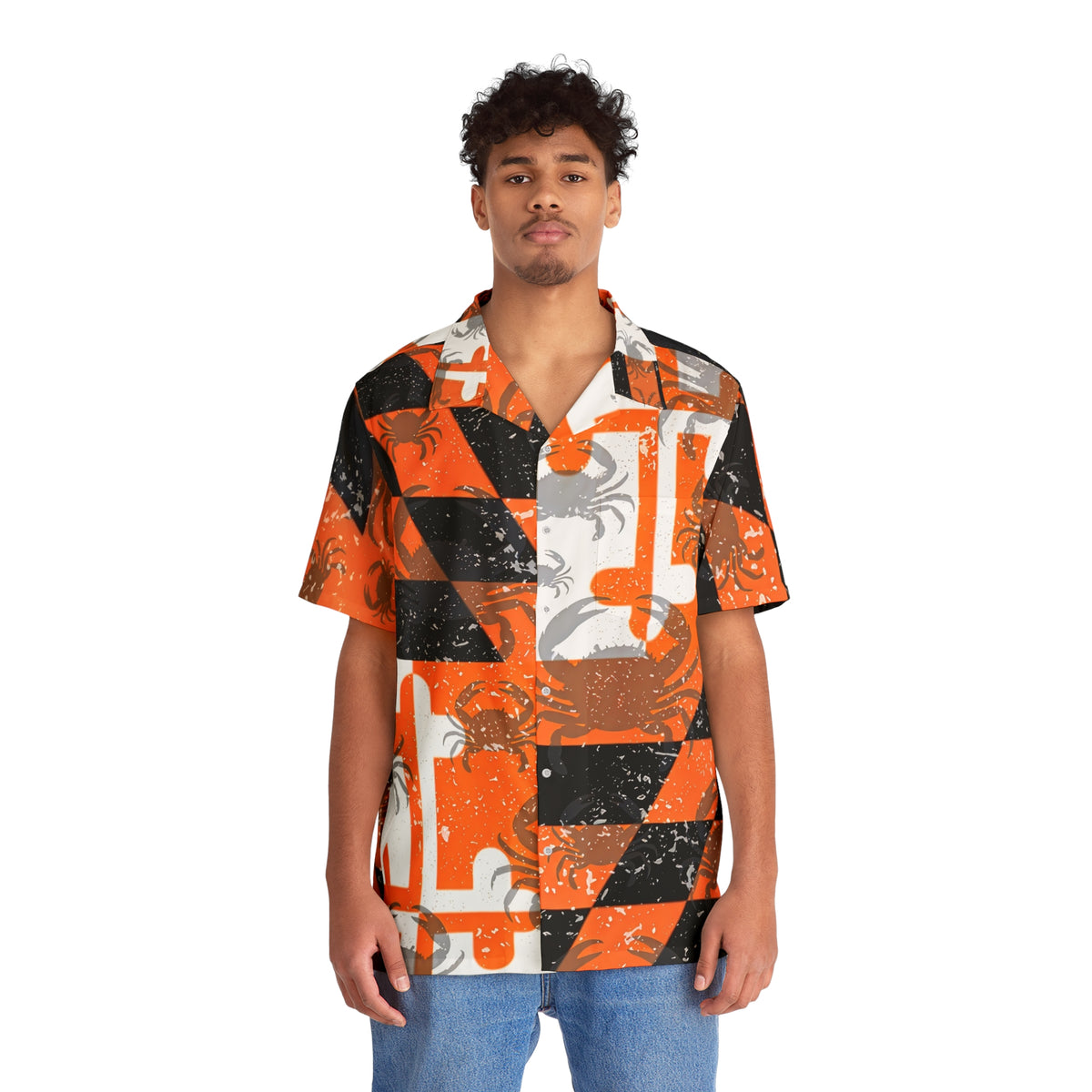 Maryland Flag Orange+White+Black crab patterned Hawaiian shirt