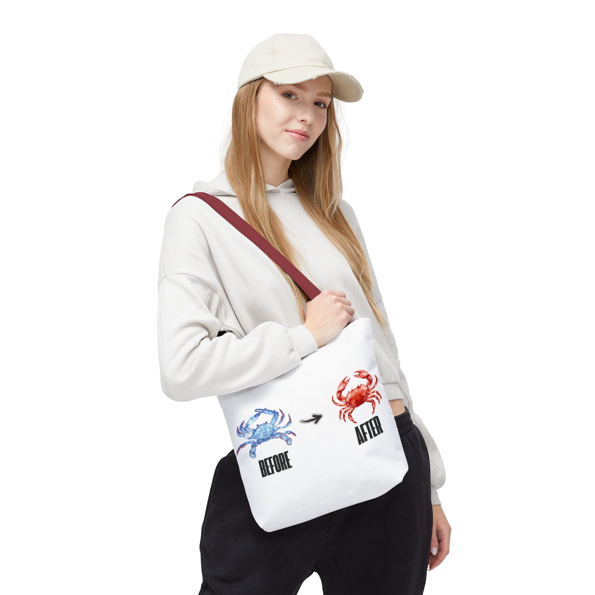 Before After Crab Illustration Tote Bag | Marine Humor, Beach Theme
