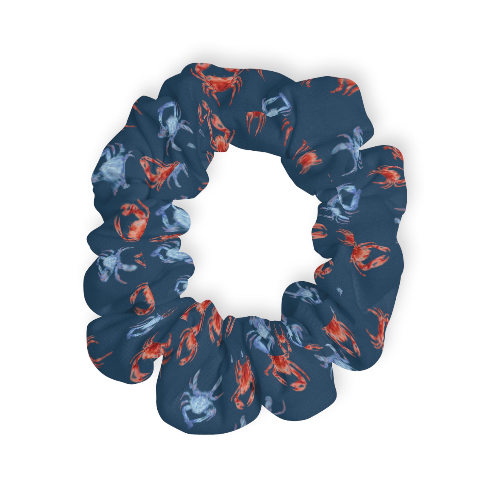 Crab Print Scrunchie — Red & Blue Coastal Hair Accessory