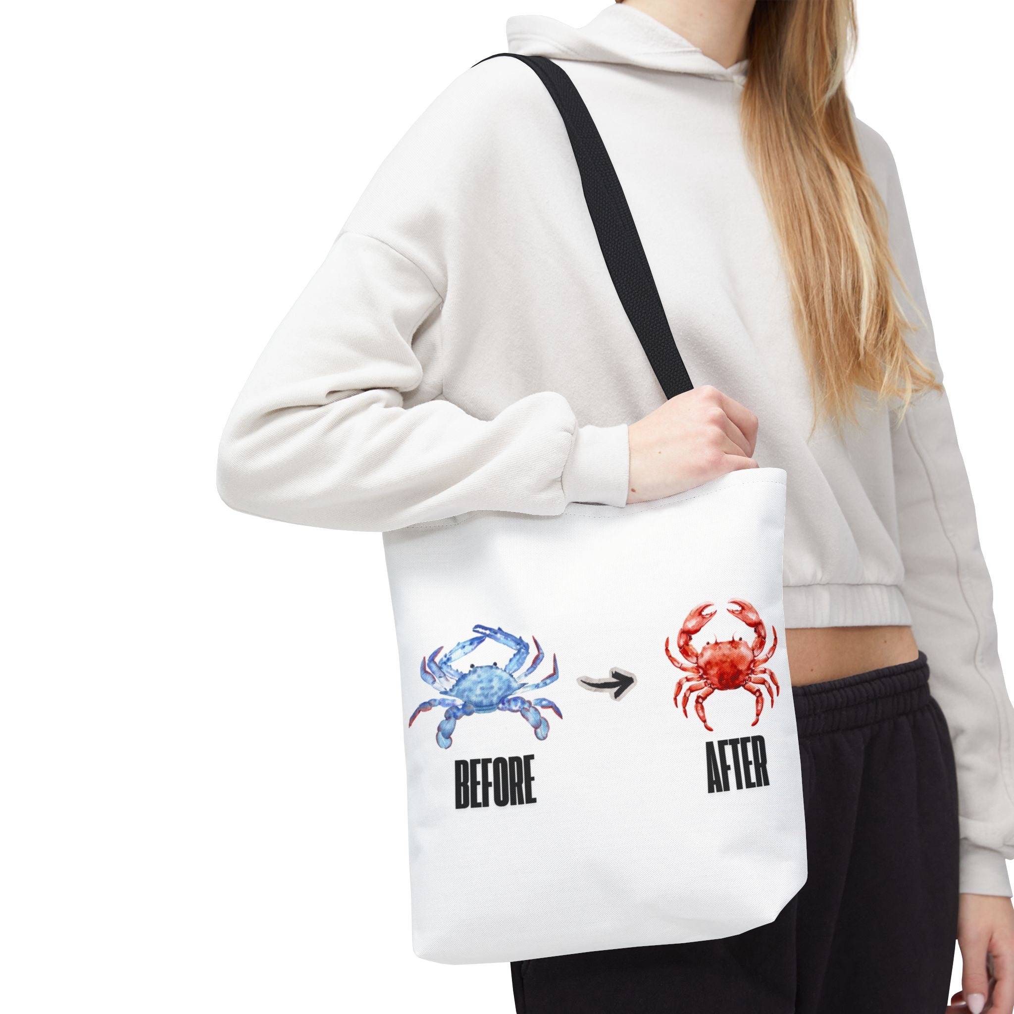 Before After Crab Illustration Tote Bag | Marine Humor, Beach Theme