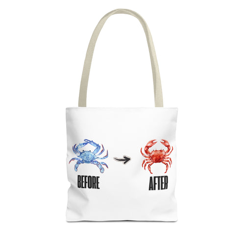 Before After Crab Illustration Tote Bag | Marine Humor, Beach Theme