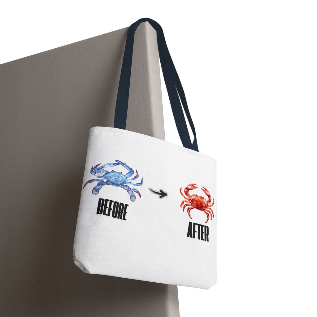 Before After Crab Illustration Tote Bag | Marine Humor, Beach Theme