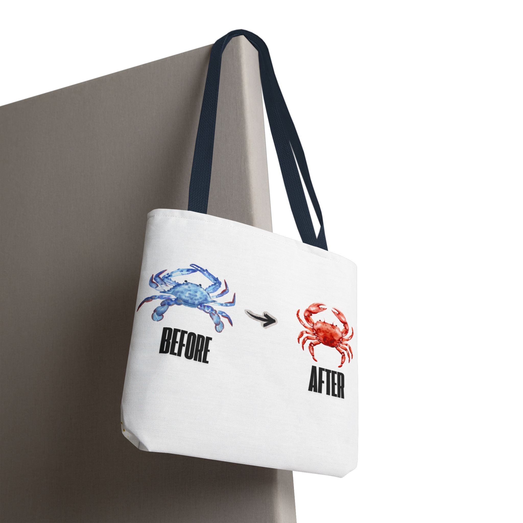 Before After Crab Illustration Tote Bag | Marine Humor, Beach Theme