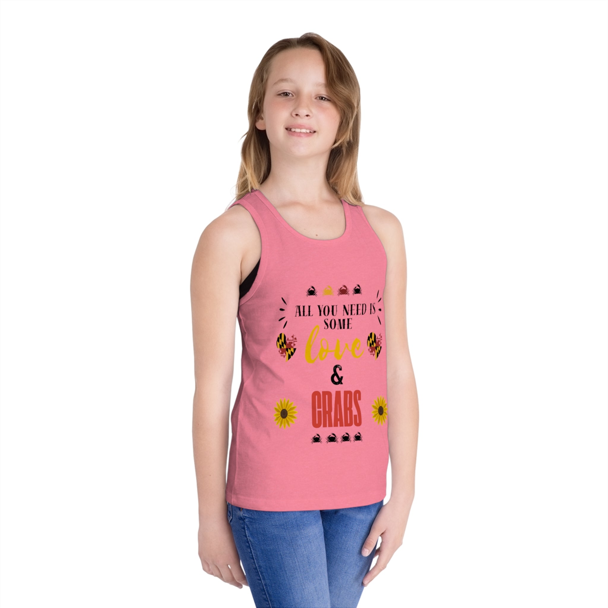 All You Need Is Some Love & Crabs Kids Tank Top | Crab, Sunflower, Maryland Flag Accents