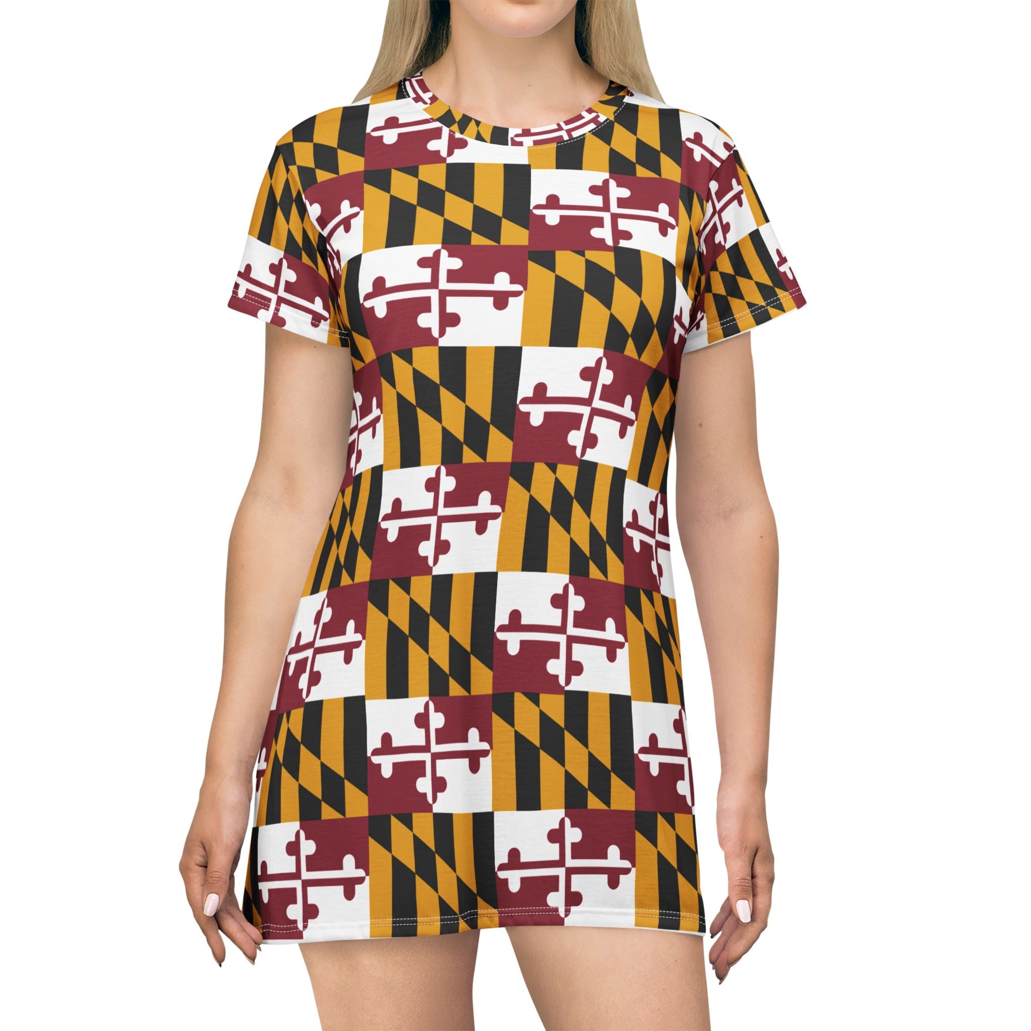 Maryland Flag Pattern T-Shirt Dress — All-Over Print State Pride Dress