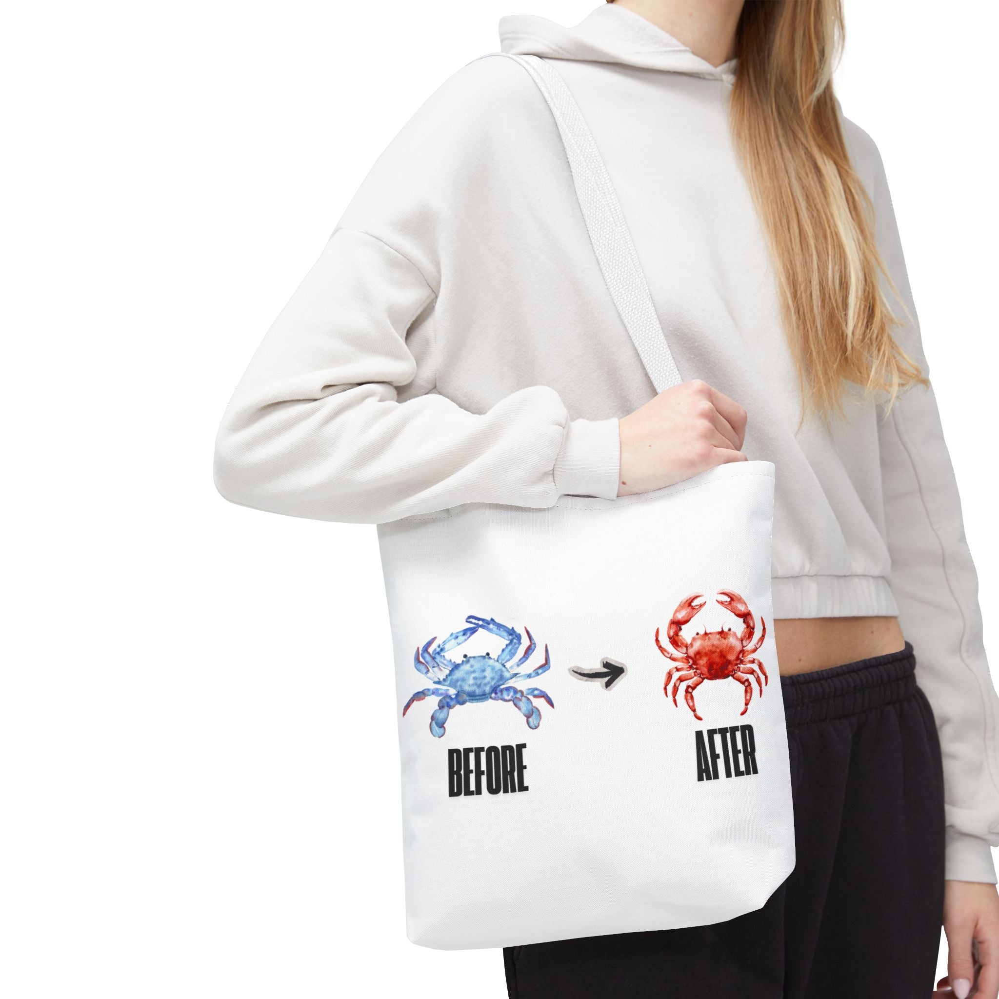 Before After Crab Illustration Tote Bag | Marine Humor, Beach Theme