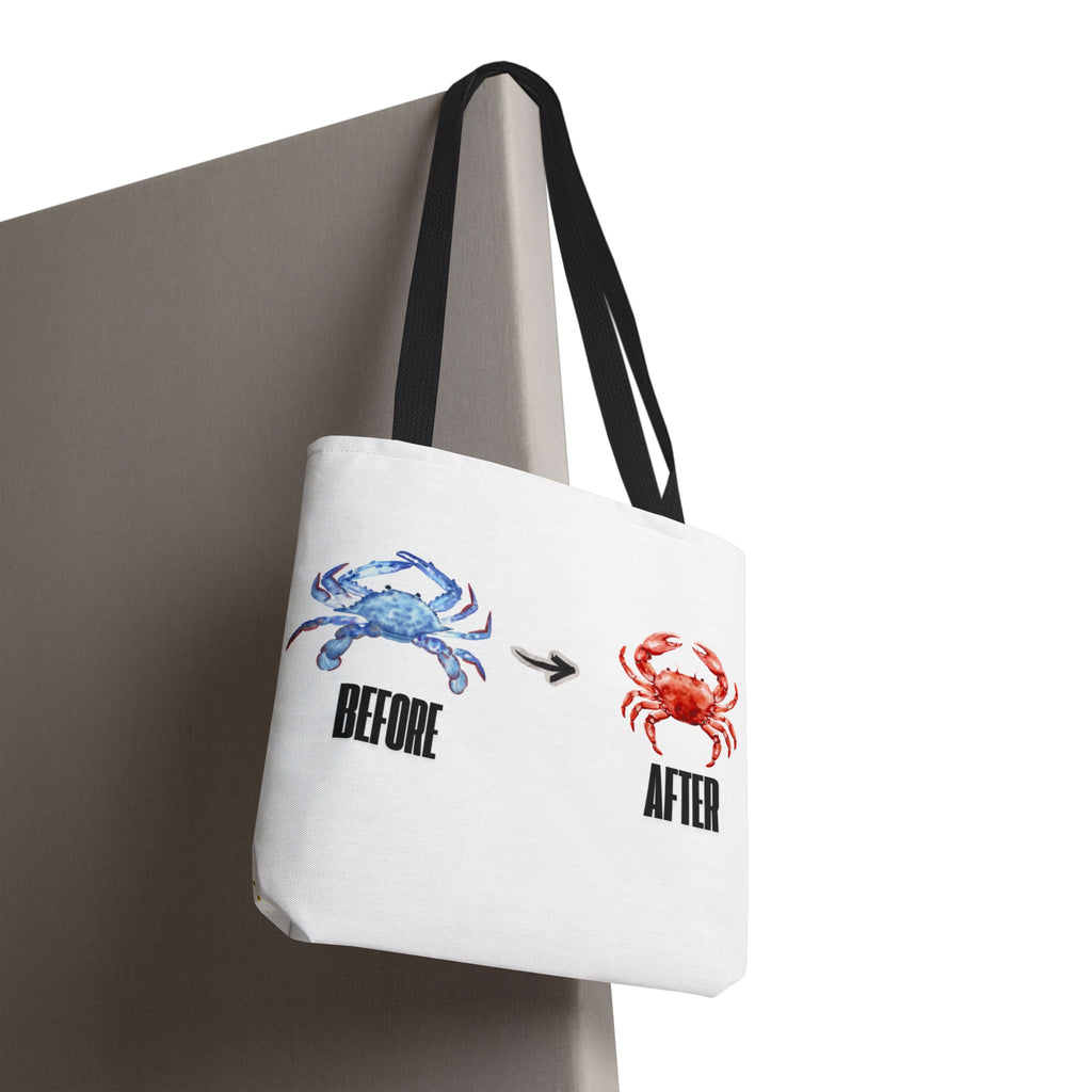 Before After Crab Illustration Tote Bag | Marine Humor, Beach Theme
