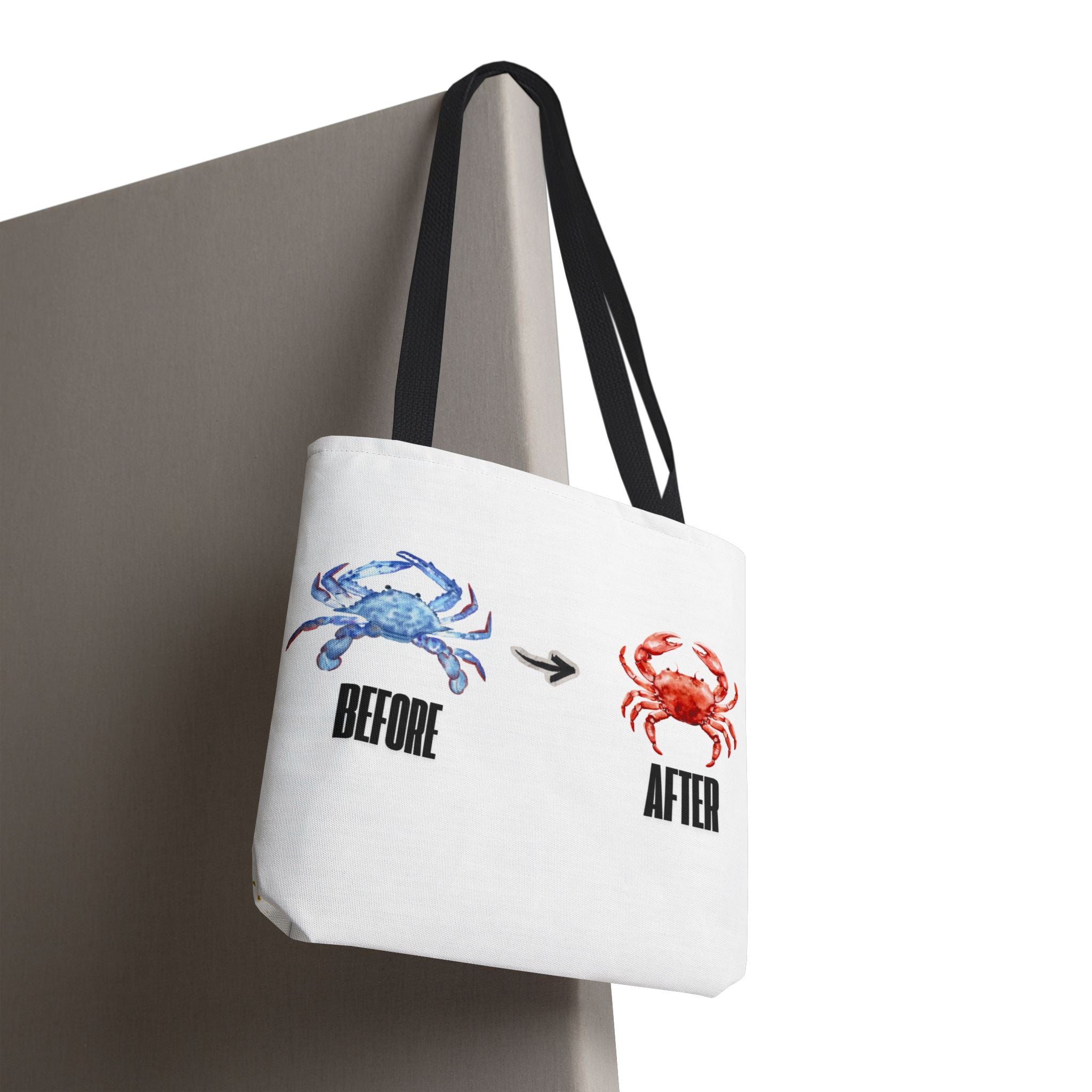 Before After Crab Illustration Tote Bag | Marine Humor, Beach Theme