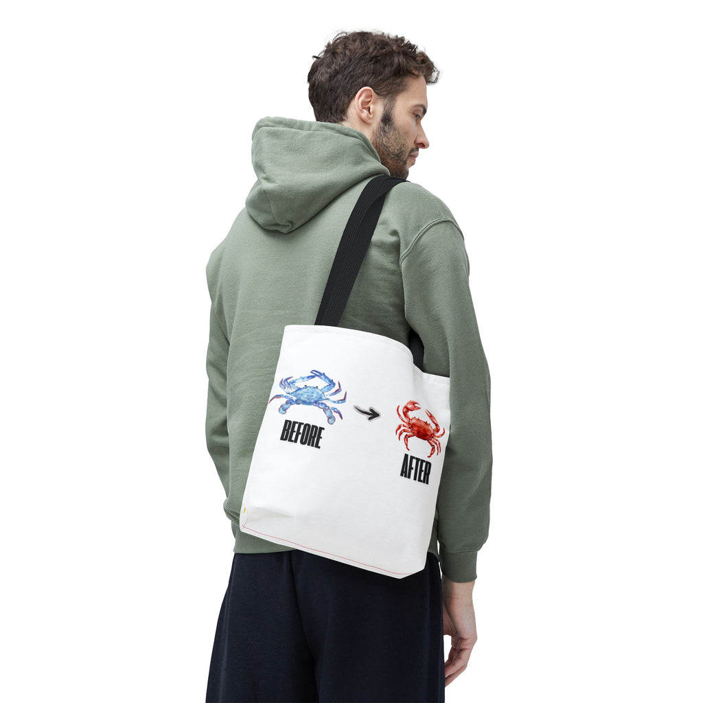 Before After Crab Illustration Tote Bag | Marine Humor, Beach Theme