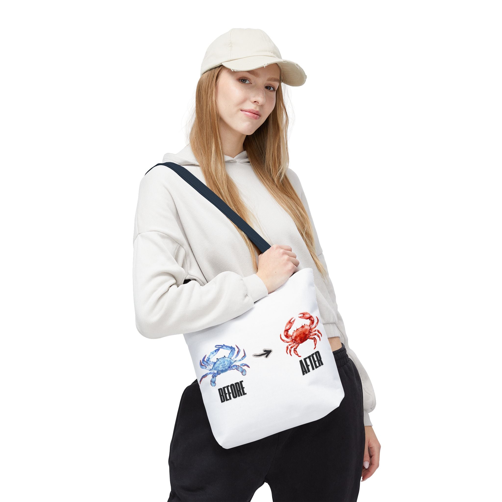 Before After Crab Illustration Tote Bag | Marine Humor, Beach Theme
