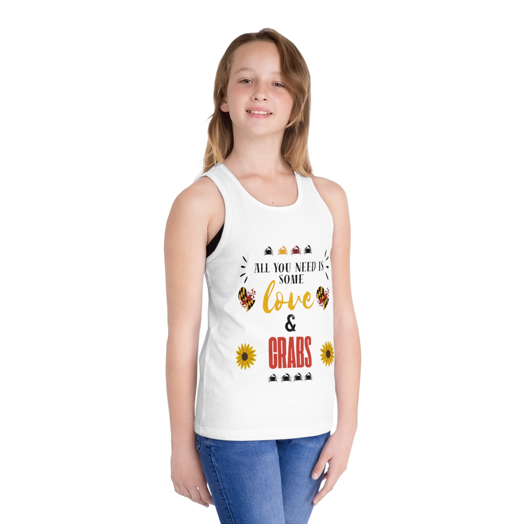 All You Need Is Some Love & Crabs Kids Tank Top | Crab, Sunflower, Maryland Flag Accents