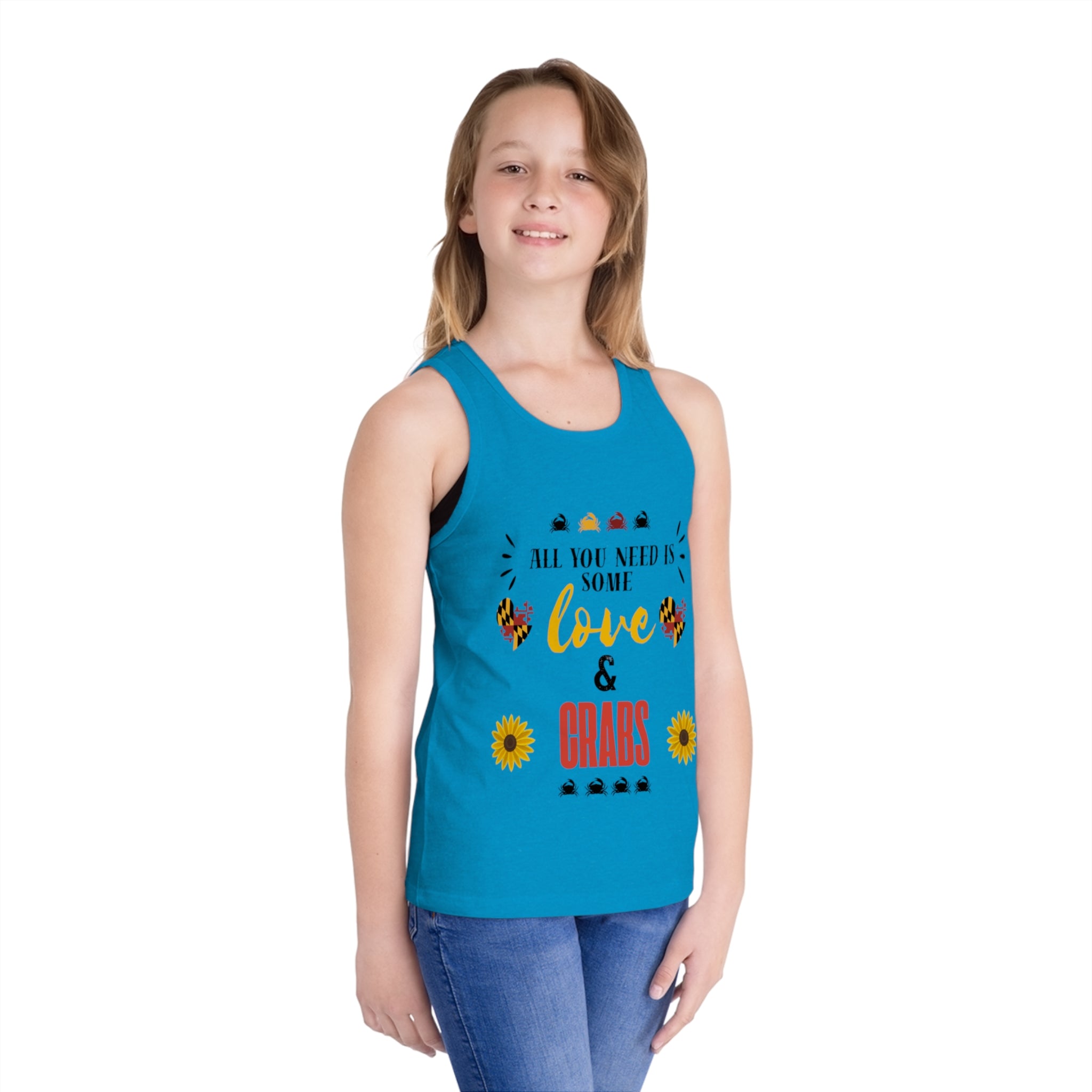 All You Need Is Some Love & Crabs Kids Tank Top | Crab, Sunflower, Maryland Flag Accents