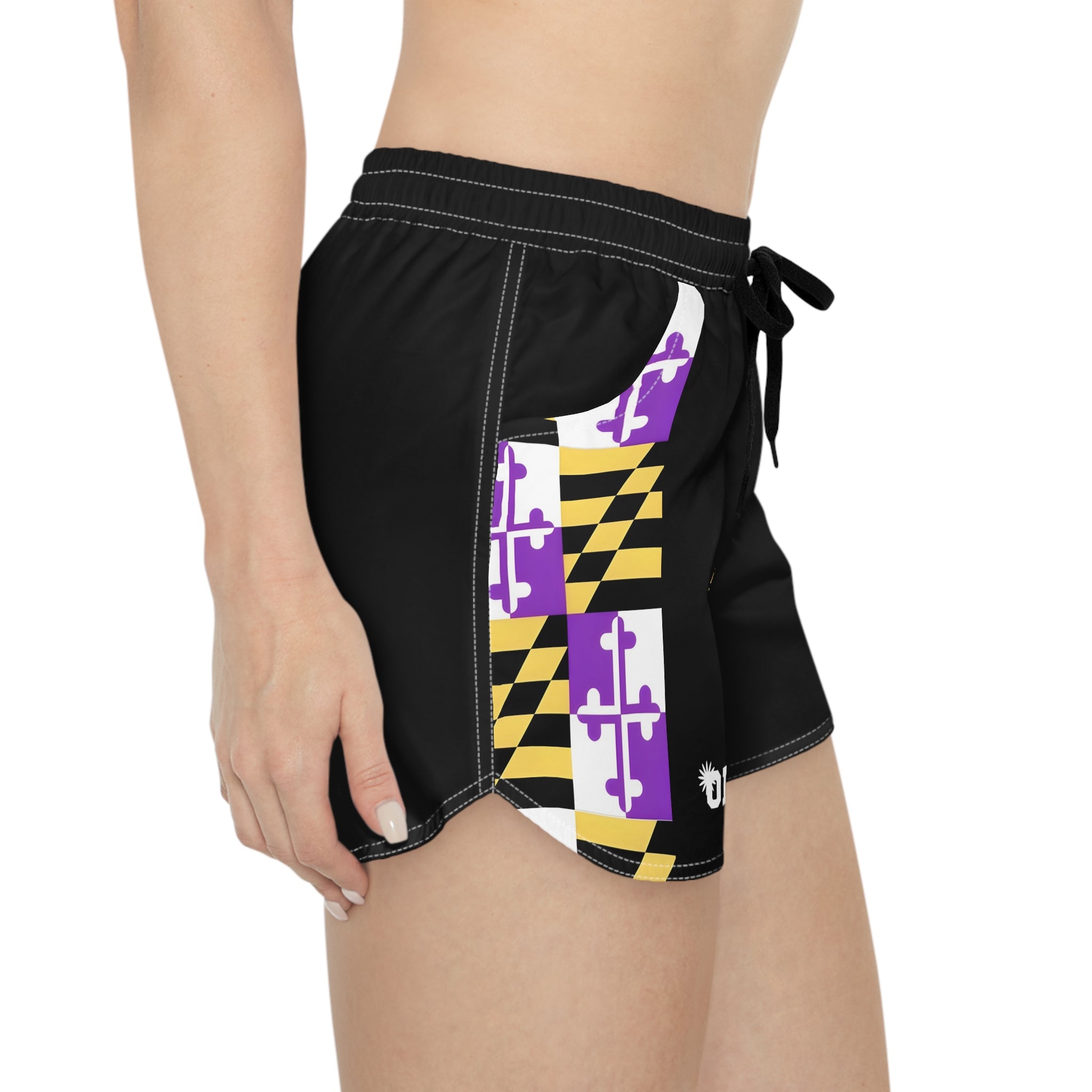 Maryland Flag Accent Women's Casual Shorts — Black Athletic Beach Shorts