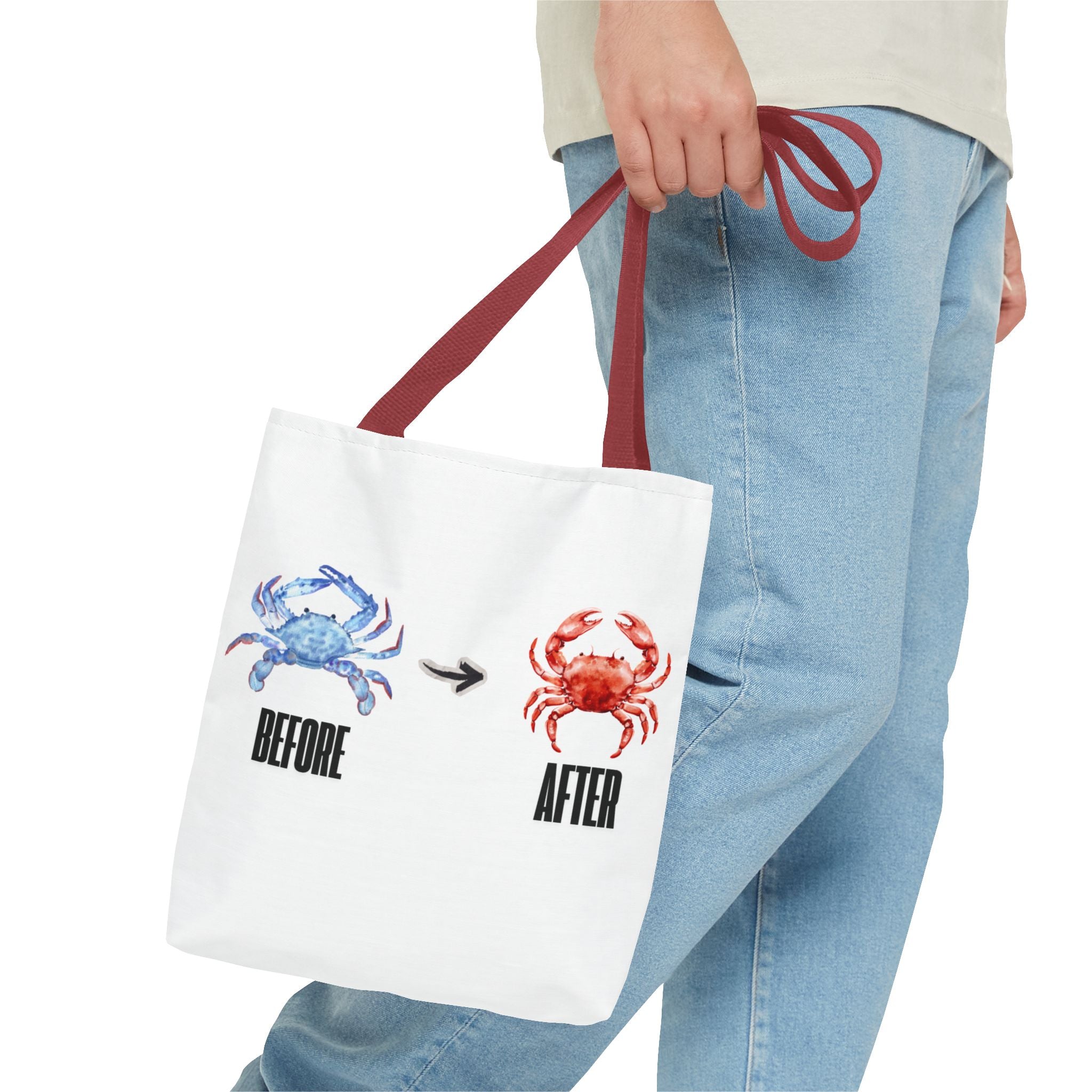 Before After Crab Illustration Tote Bag | Marine Humor, Beach Theme