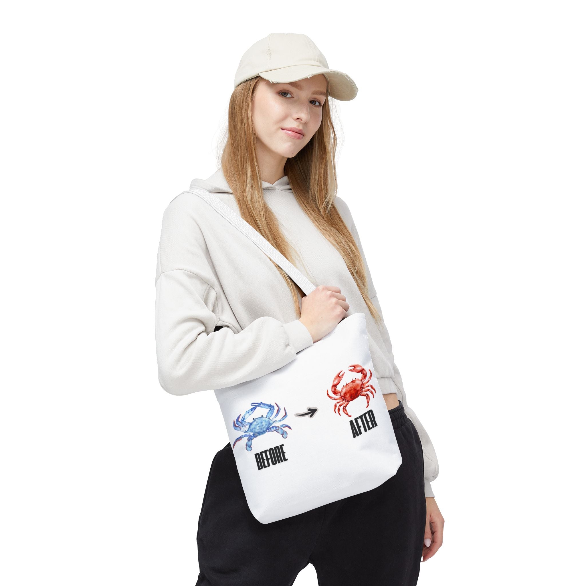 Before After Crab Illustration Tote Bag | Marine Humor, Beach Theme